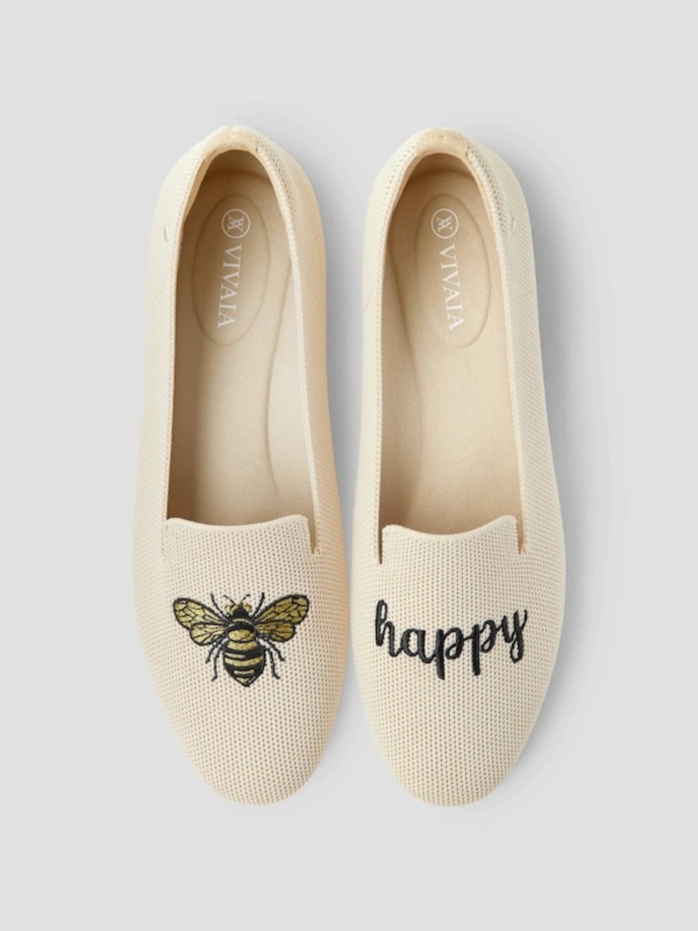 VIVAIA Audrey Round-Toe Embroidered Loafers  Happy Bee Cream Slip-On Flat 37 6.5